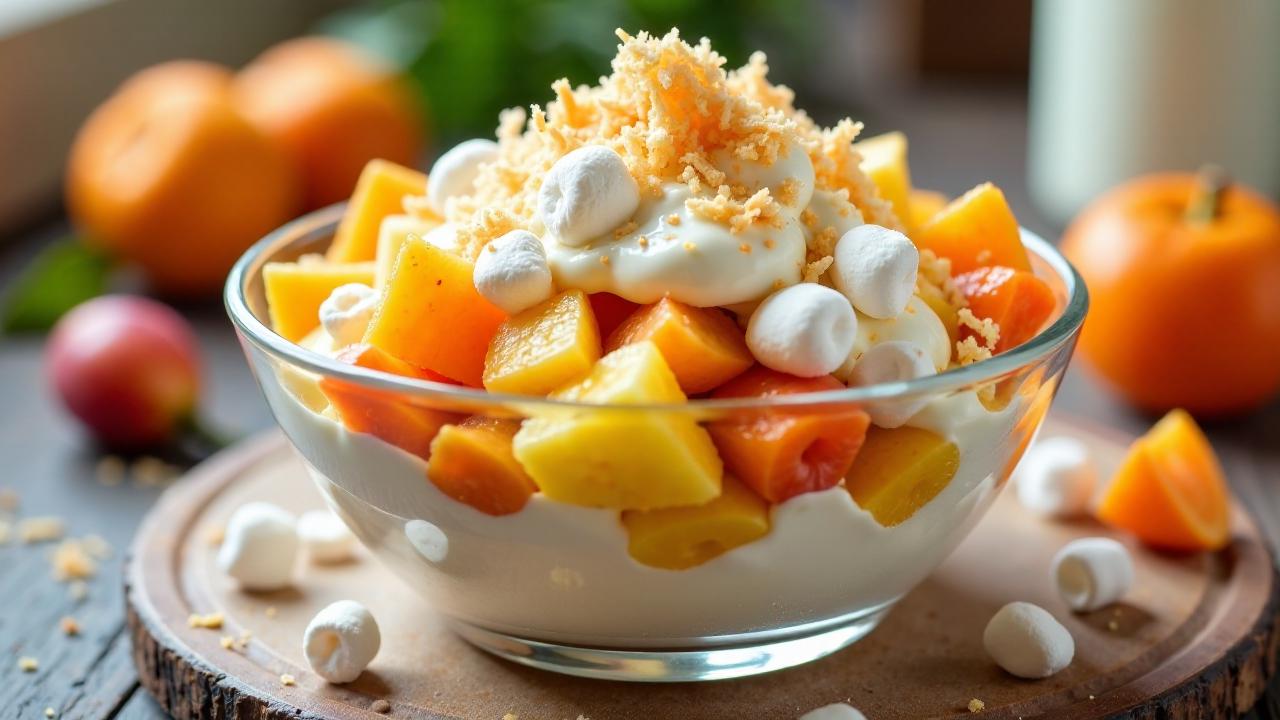 Ambrosia Salad – Obstsalat mit Marshmallows und Kokosnuss.