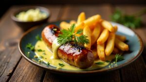 Angler-Currywurst mit Dillsauce und Meerrettich-Pommes