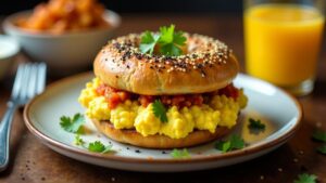 Bagel mit Eiern und Kimchi