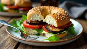 Bagel mit Rauke und gebackener Aubergine