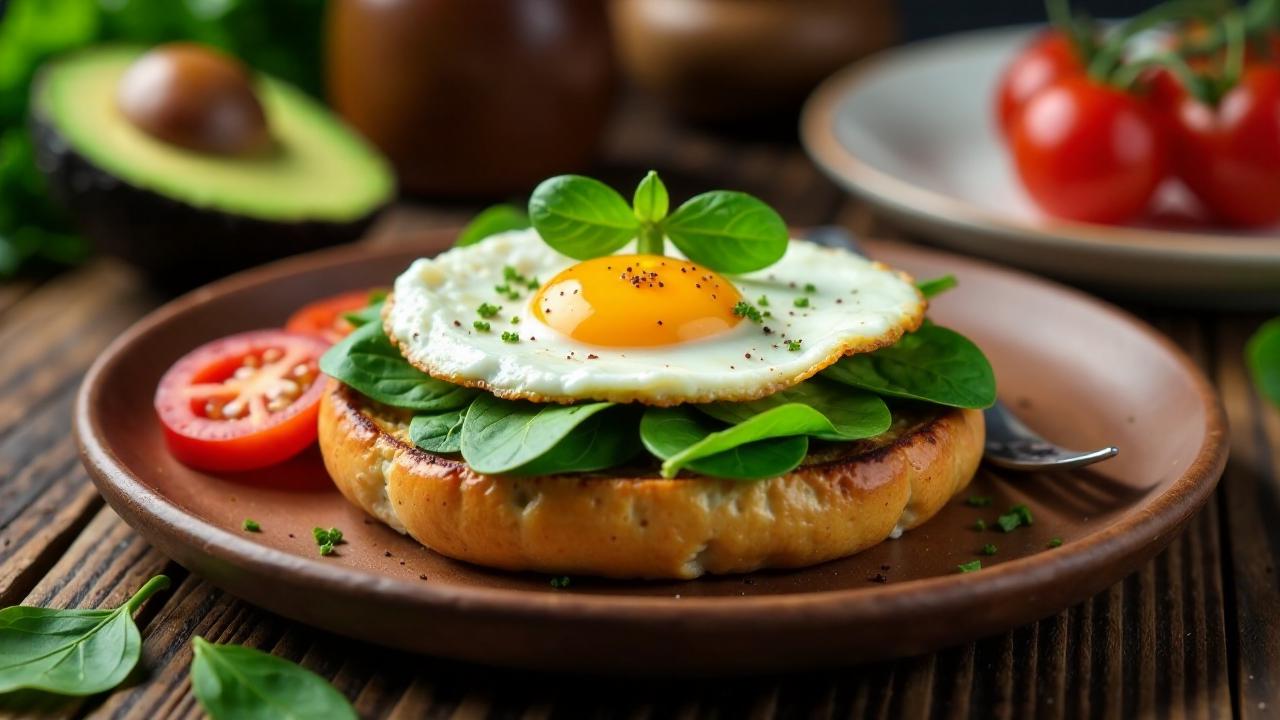 Bagel mit Spiegelei und Spinat