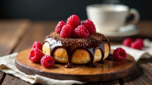 Bagel mit dunkler Schokolade und Himbeeren