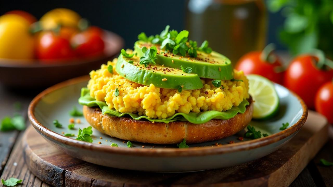 Bagel mit veganem Rührei und Avocado