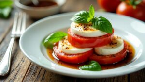 Balsamico-Perlen über Tomaten-Mozzarella