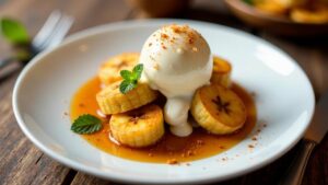 Banana Foster – Dessert mit flambierten Bananen und Chilisauce.