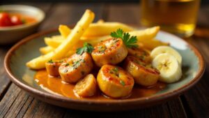 Banane-Currywurst mit exotischer Fruchtsauce und Pommes