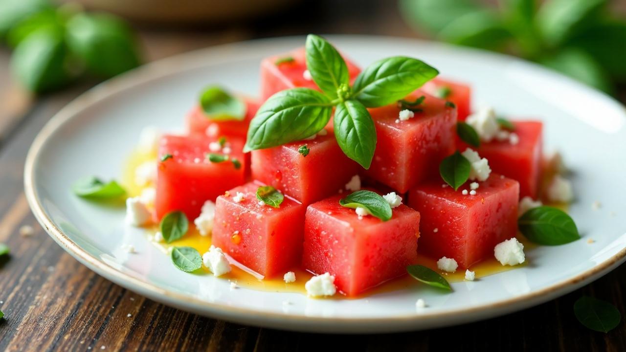 Basilikumsphäre im Wassermelonen-Salat