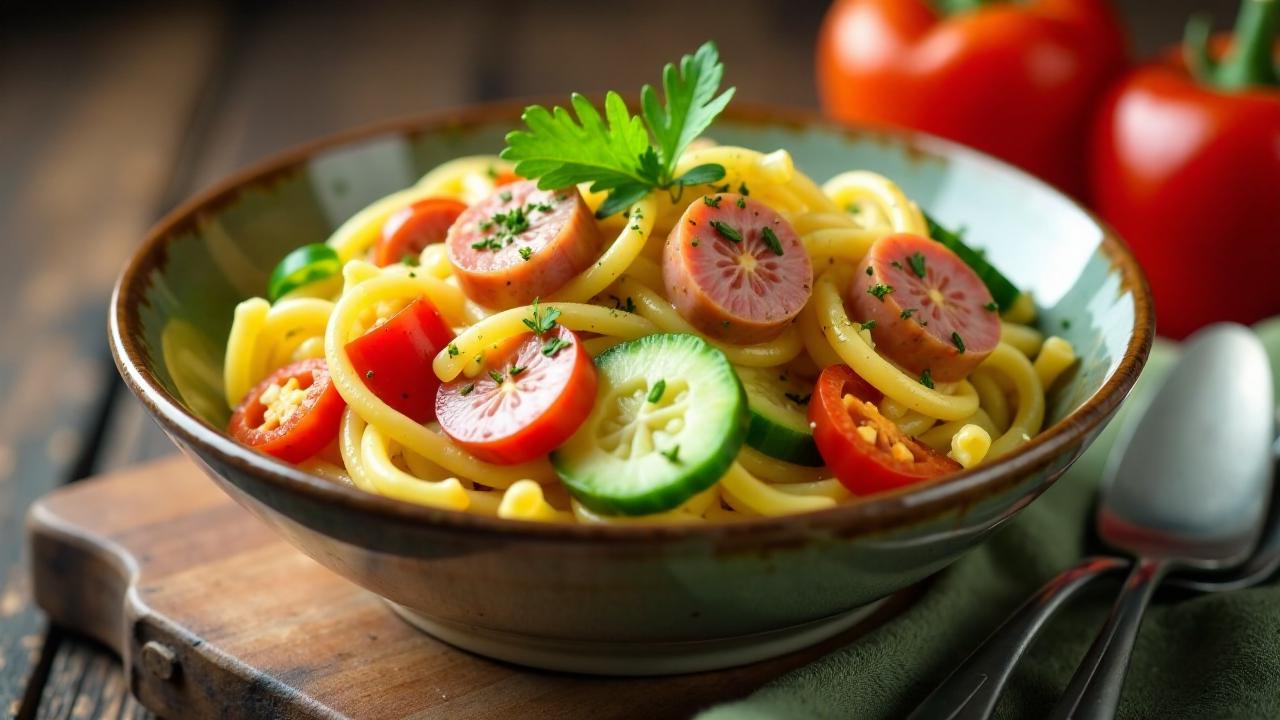 Bayerischer Nudelsalat mit Weißwurst und süßem Senf