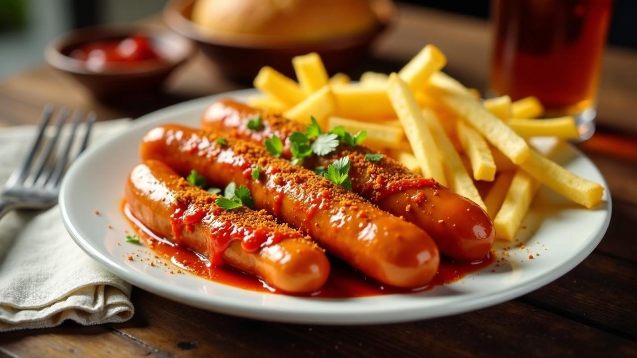 Bayrische Currywurst mit Brezen und Pommes