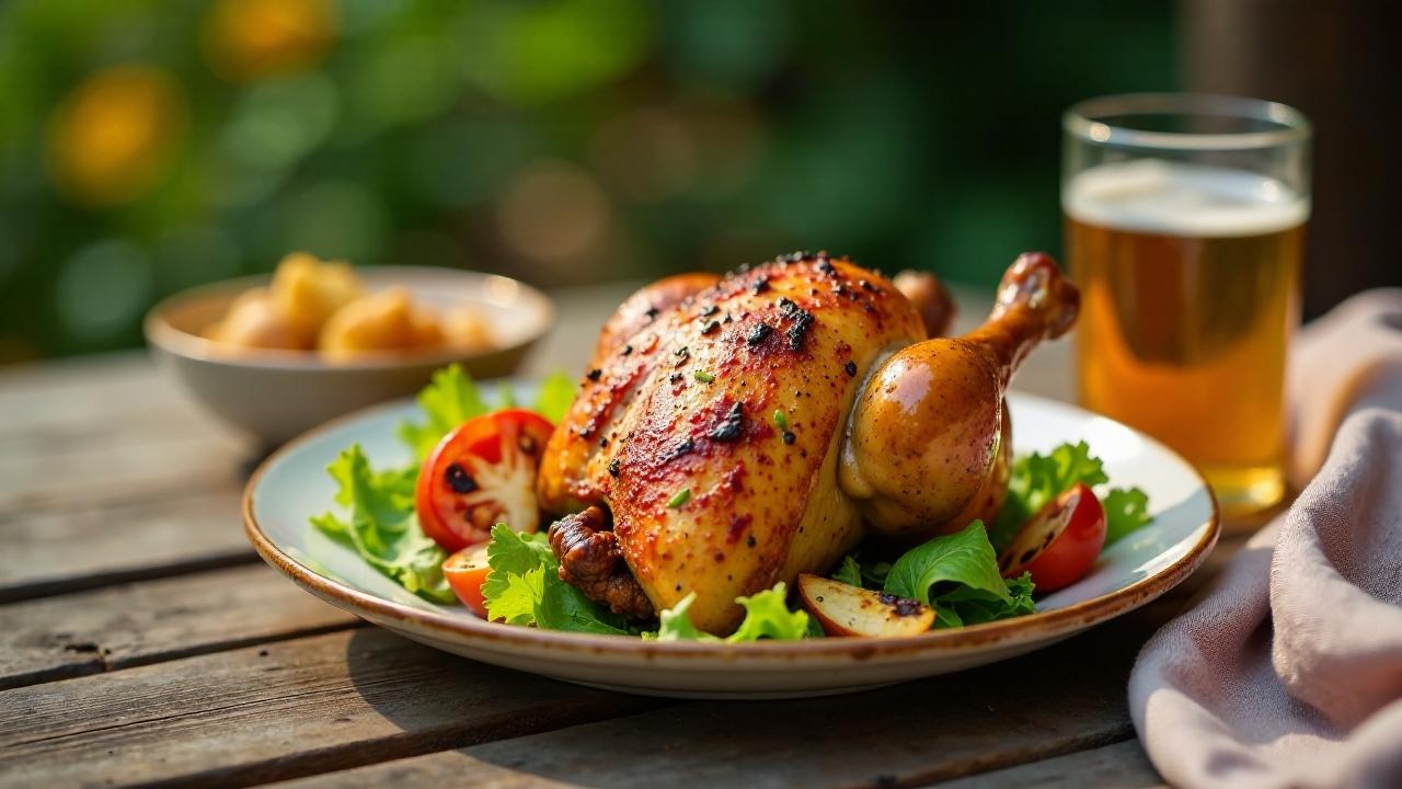 Beer Can Chicken – Gegrilltes Hühnchen auf einer Bierdose.