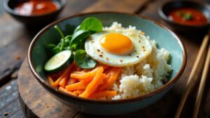 Bibimbap - Reis mit gemischtem Gemüse und Ei