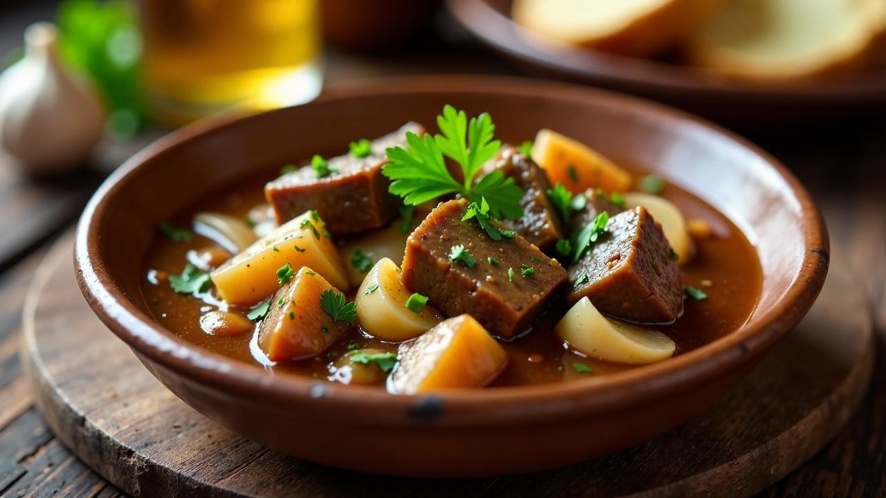 Bierfleisch mit Zwiebeln und Knoblauch