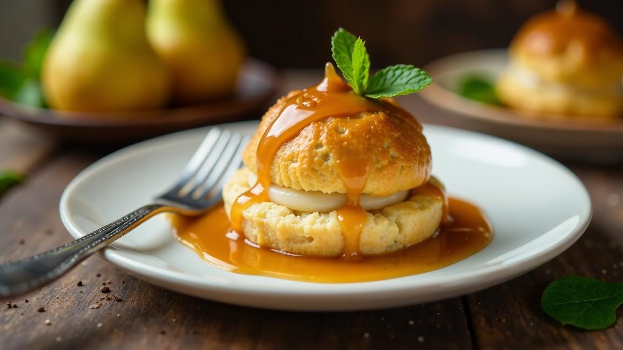 Birne-Profiteroles mit Karamellsauce