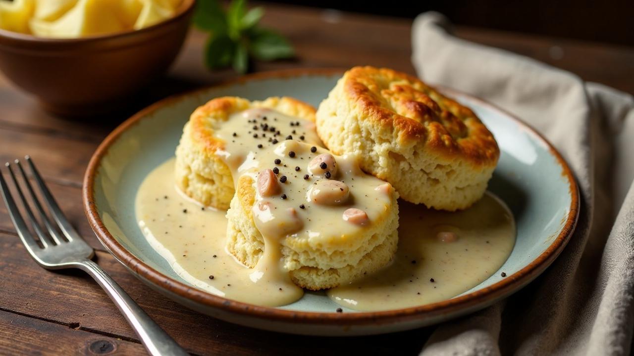 Biscuits and Gravy – Fluffige Brötchen in würziger Soße.