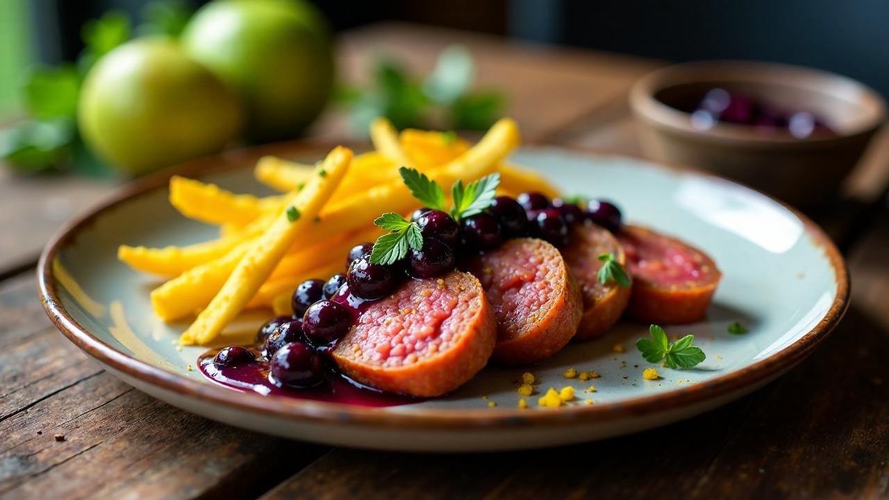 Blaubeer-Currywurst mit Mango-Pommes