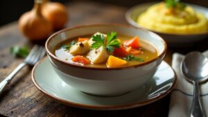 Borș de Pui cu Mămăligă - Hühnersuppe mit Maisbrei