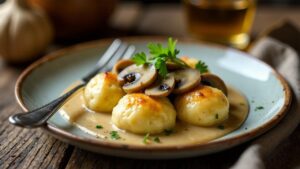 Breznknödel mit Pilzrahmsauce