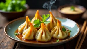 Buff Momos in scharfer Joghurtsoße