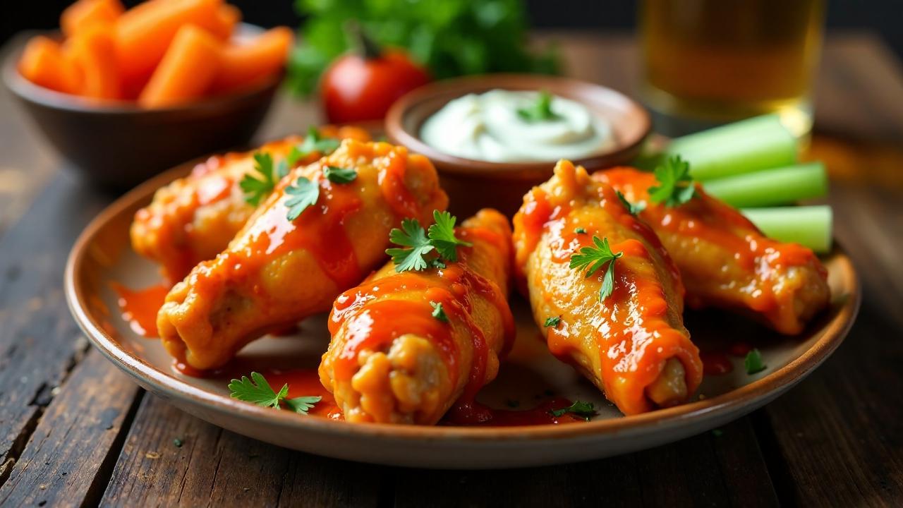 Buffalo Wings – Scharfe Hähnchenflügel mit Blauschimmelkäse-Dip.