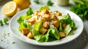 Caesar Salad – Frischer Salat mit Romana, Croutons, und Caesar-Dressing.