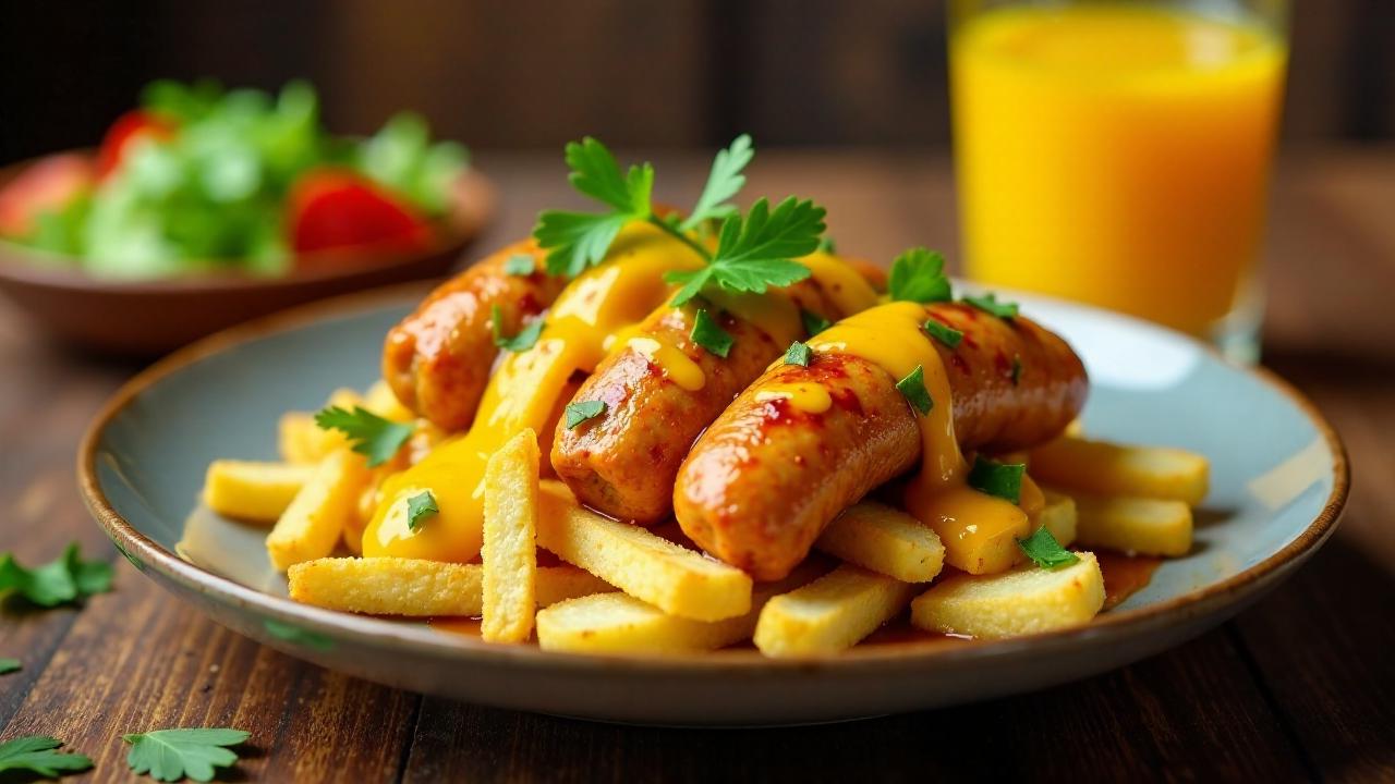 Carribean Currywurst mit Mango-Soße und Kokos-Pommes