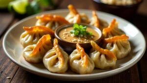 Chicken Momos in Erdnuss-Dip