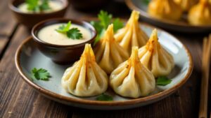 Chicken Momos mit Federmandel-Dip