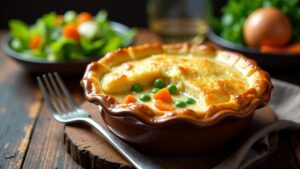 Chicken Pot Pie – Blätterteigtopf mit Hühnchen und Gemüse.