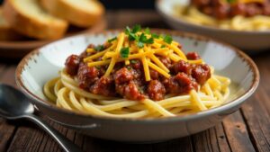 Cincinnati Chili – Chili serviert über Spaghetti.