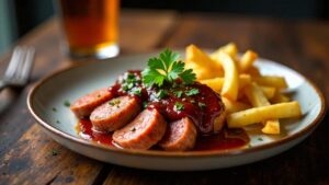 Craft Beer-Currywurst mit Stoutsoße und Pommes