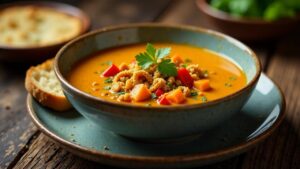 Currysuppe mit knusprigen Mehlwürmern