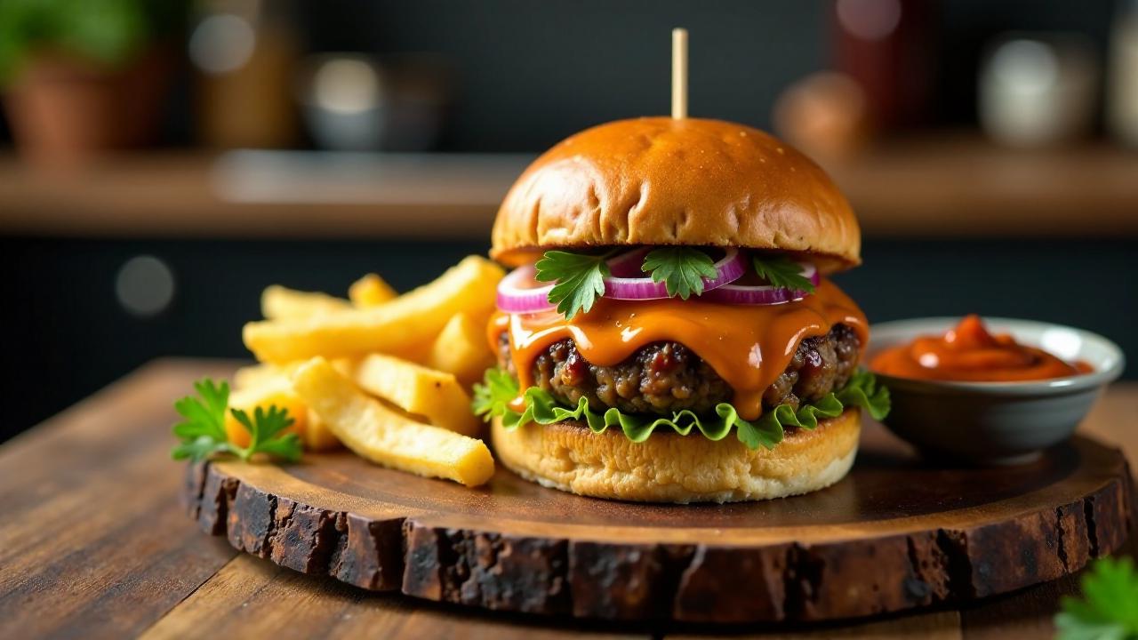 Currywurst-Burger mit Steakhouse-Pommes