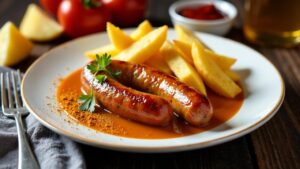 Currywurst-in-Weißwein mit Rauten-Pommes