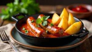 Currywurst aus dem Dutch Oven mit Kartoffelecken