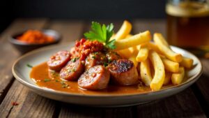 Currywurst aus dem Smoker mit Schwarzbier-Pommes