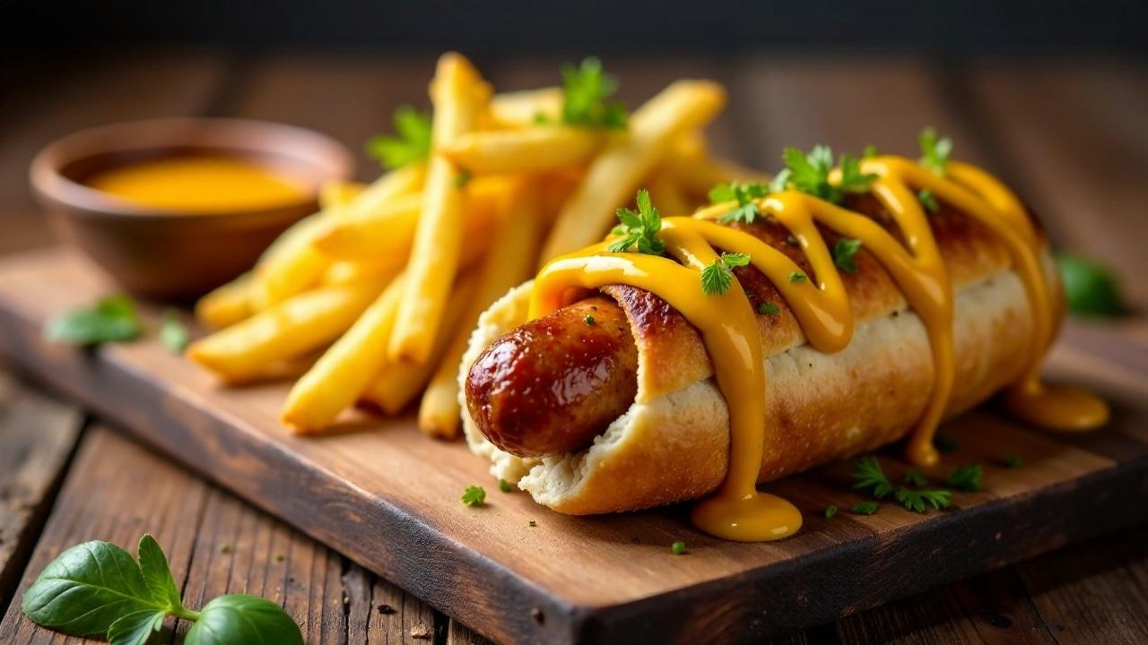 Currywurst im Brotmantel und Dijon-Pommes