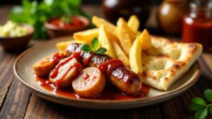 Currywurst im Naan-Brot mit Masala-Pommes