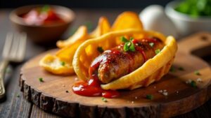 Currywurst im Waffelmantel und Süßkartoffel-Chips