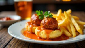 Currywurst in Teigschiffchen und Pommes