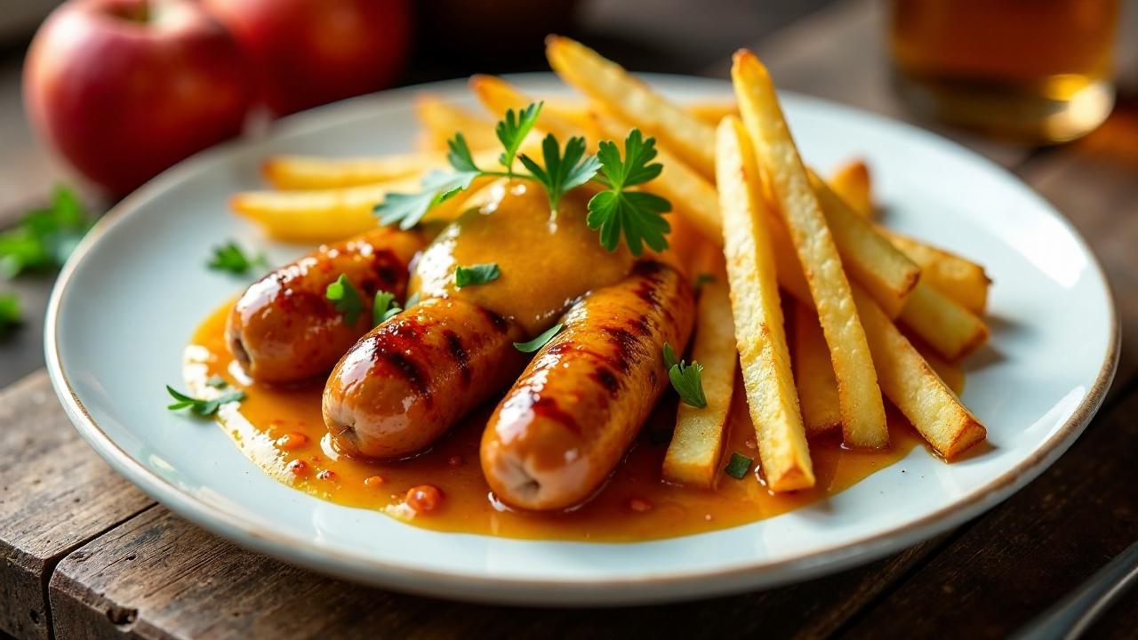 Currywurst mit Apfelcider-Soße und Birnenpommes