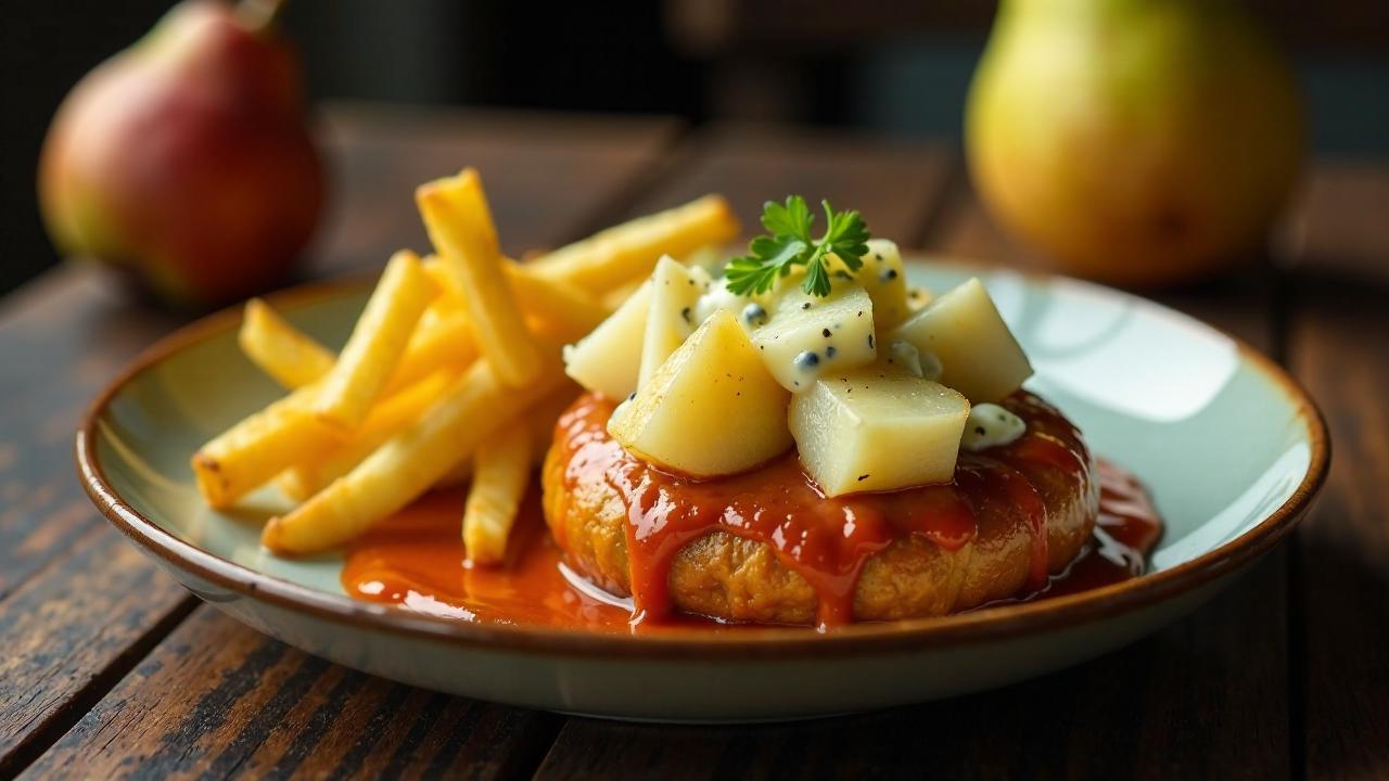 Currywurst mit Birne und Blauschimmelkäsesoße und Pommes