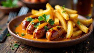 Currywurst mit Bratwurst und Kichererbsenpommes