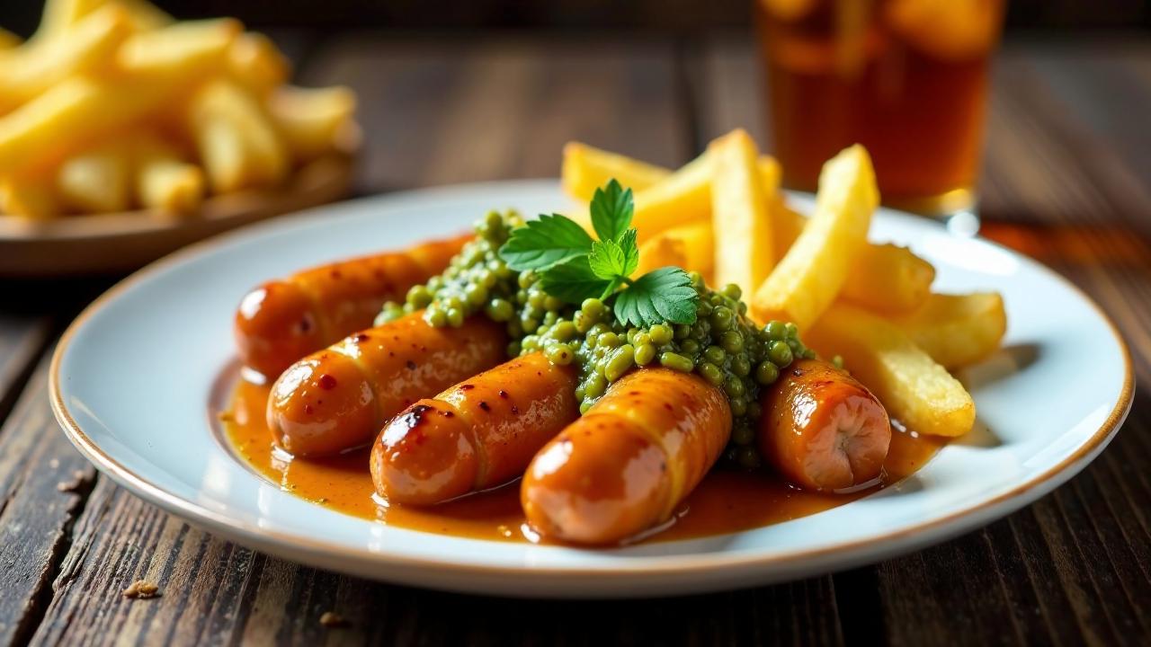 Currywurst mit Grüner Pfeffer-Sauce und Pommes