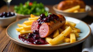 Currywurst mit Heidelbeer-Sauce und Pommes