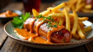 Currywurst mit Käsekrainer und Kräuterpommes