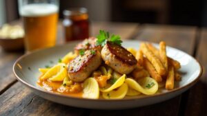 Currywurst mit Muschelnudeln und Trüffel-Pommes