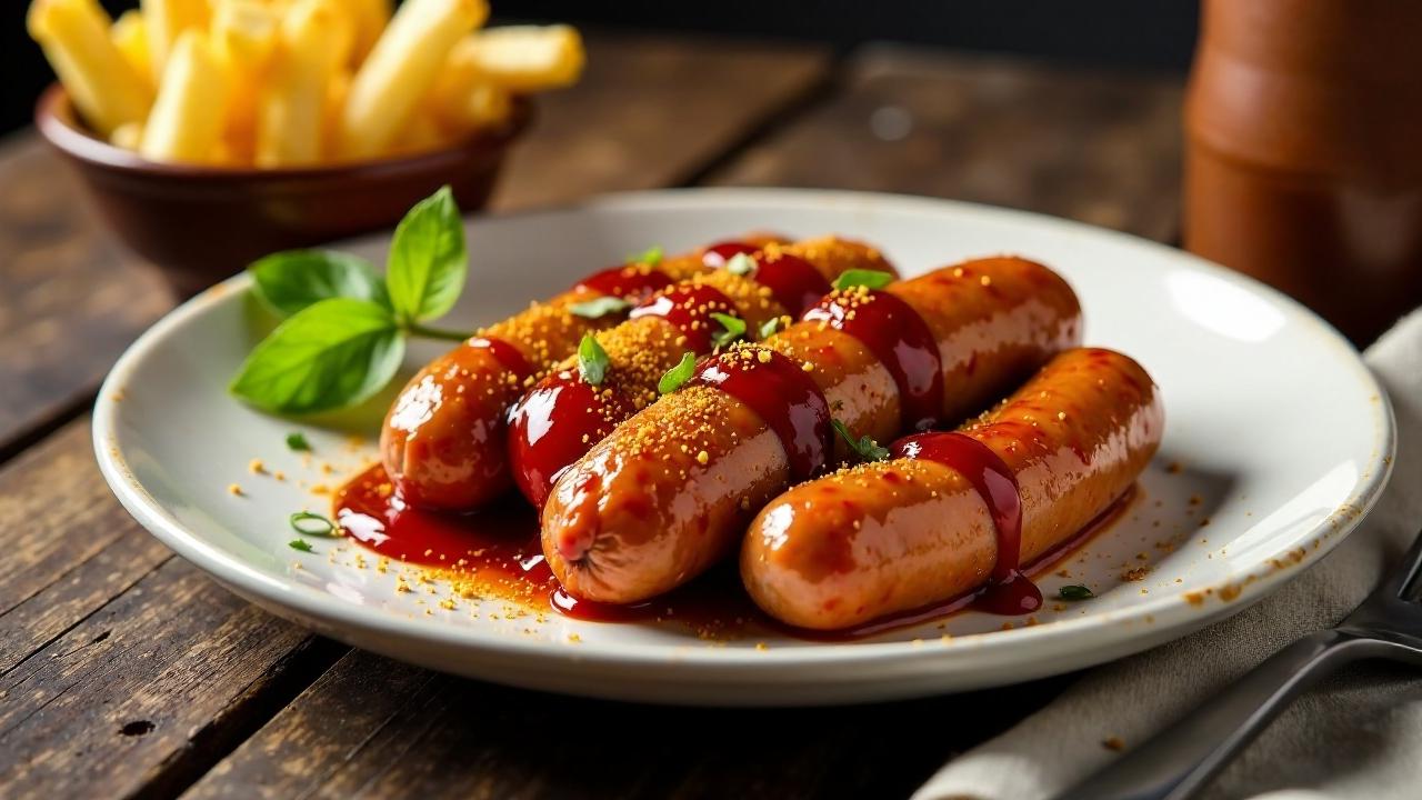 Currywurst mit Schweinswurst und Pommes frites