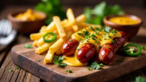 Currywurst mit jalapeño-käsesoße und Pommes