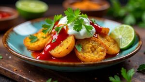 Delhi Ki Fried Aloo Chaat – Frittierte Kartoffelscheiben mit Gewürztopping