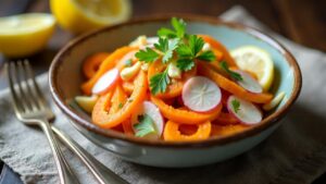 Dreifarbensalat mit Rettich, Ingwer und Karotten